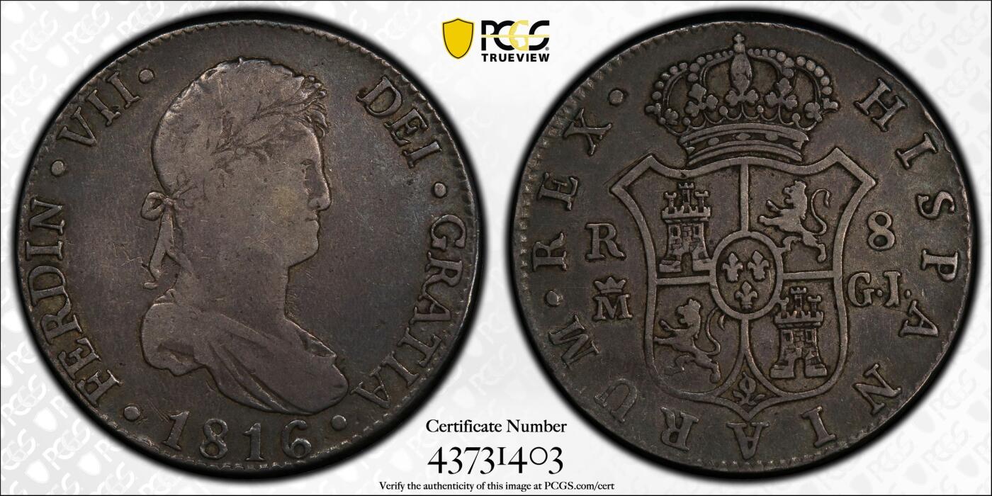博洋堂世界钱币拍卖第149期（全场包邮） PCGS VF25 西班牙本土费迪南七世 马德里造币厂 1816 8里亚尔 老黑彩包浆 低评 收藏之选 盒子背面卡槽有几处小磕损