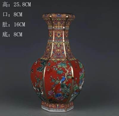 乾隆珐琅彩花鸟纹六方瓶  - 乾隆珐琅彩花鸟纹六方瓶 