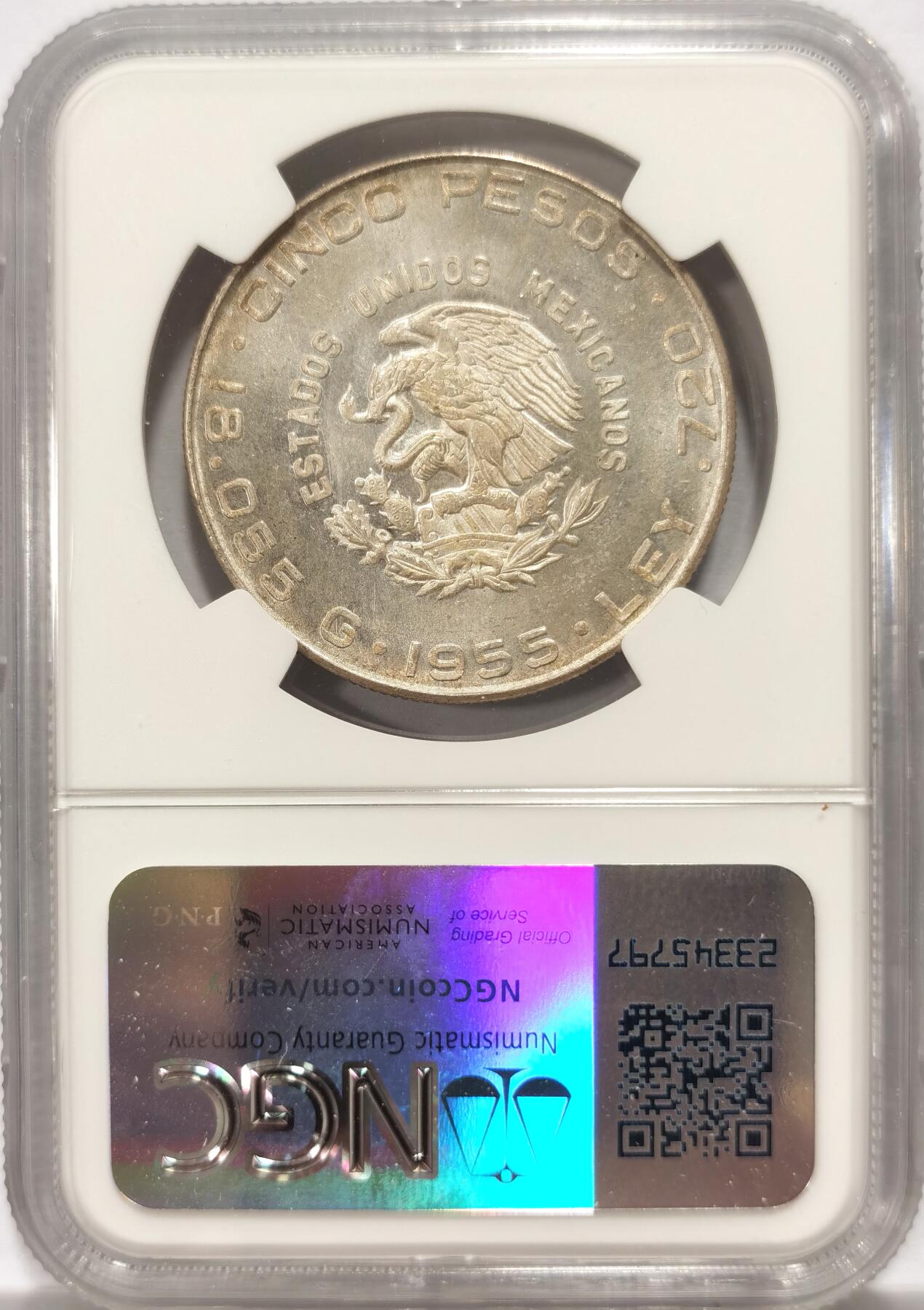 博洋堂“良辰美钰”中秋国庆双节精品专场暨第141期（全场包邮） NGC MS66 墨西哥1955年5比索银币，顶级高分，币面凝霜感十足，一步到位的好品质。