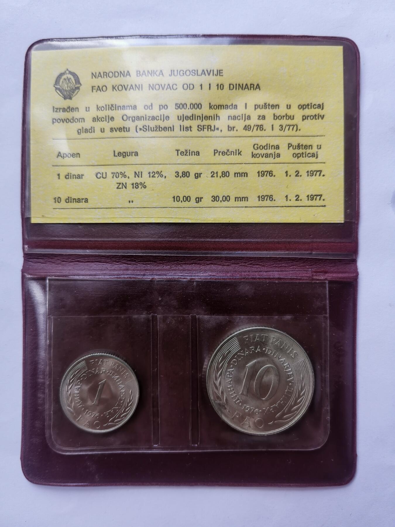 巨藏钱币首秀-古今中外钱币套装专场 南斯拉夫1976年1和100第纳尔镍币-FAO粮农组织纪念币2枚套带套子