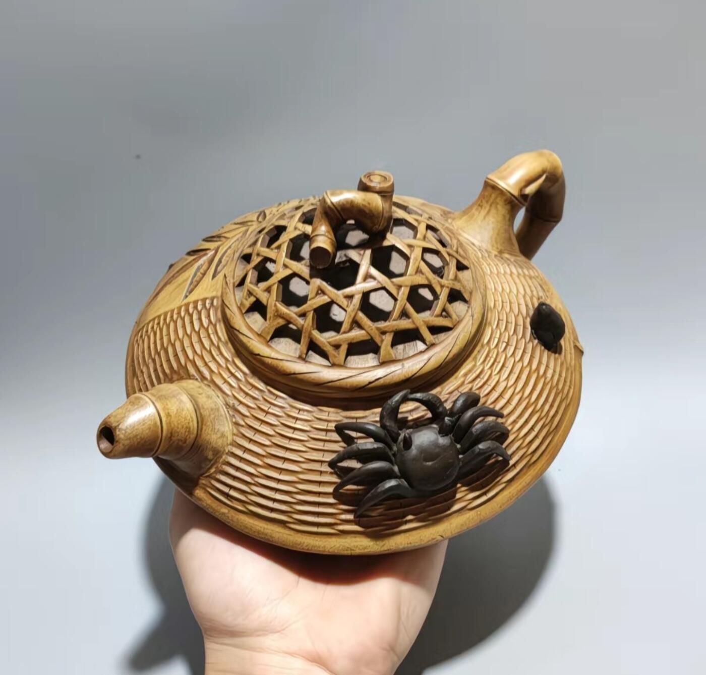 钱菊芳精品段泥蟹篓竹编手工紫砂壶