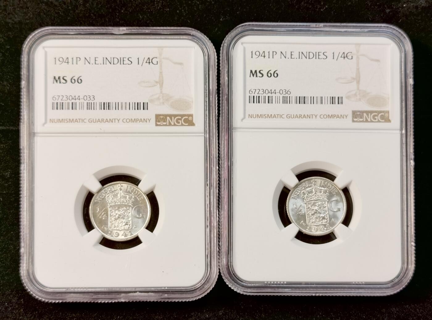 甄臻铺-世界币章拍卖（第35期），送拍享返佣金等优惠多多 NGC-MS66 1941年荷属东印度1/4盾，高分卷拆难觅，2枚一组