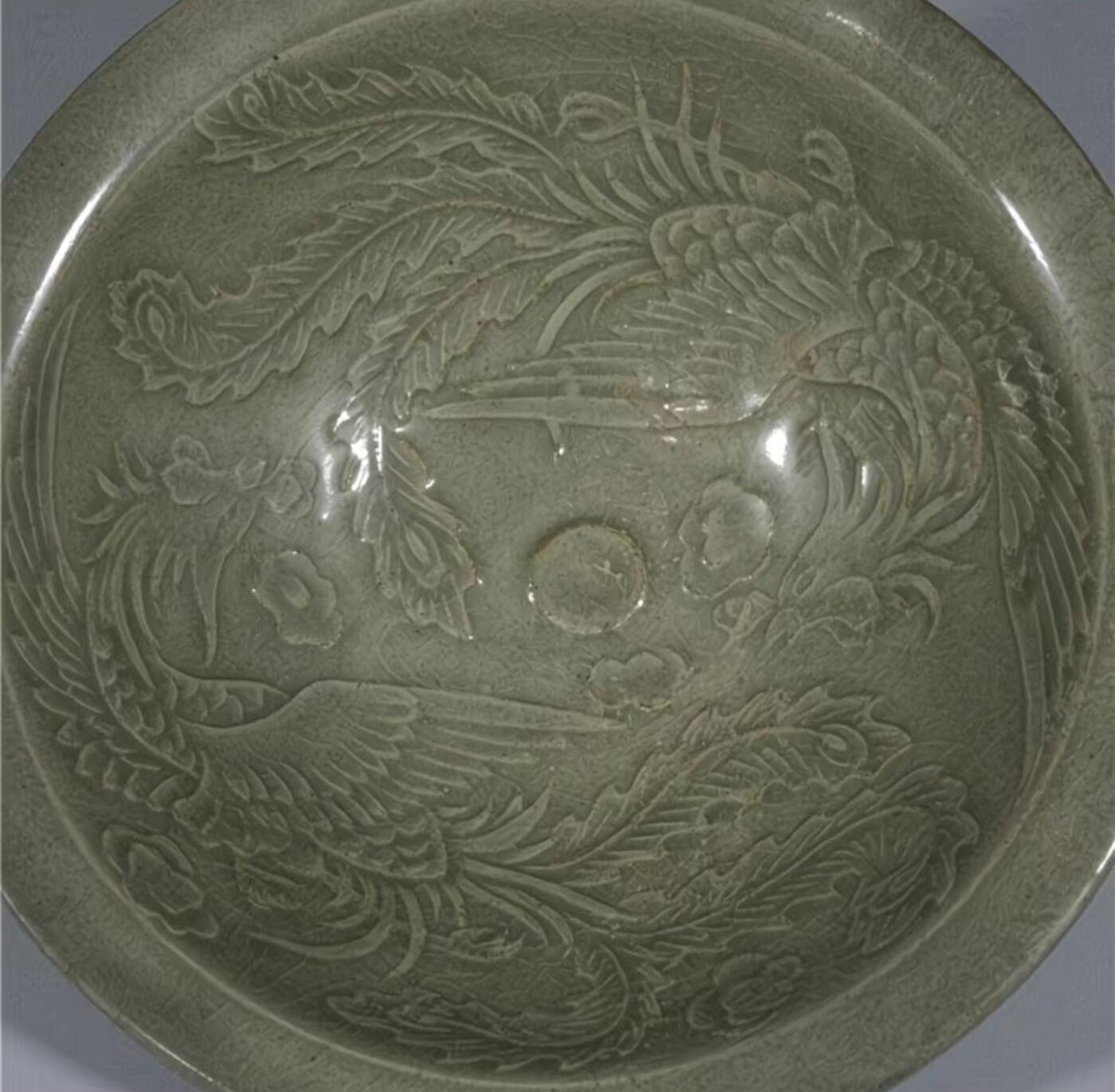 听雨轩  精品老旧瓷器限时专场 耀州窑雕刻凤纹双层镂空斗笠碗