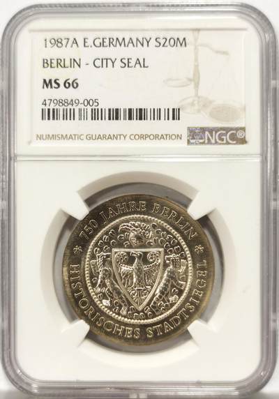 博洋堂“良辰美钰”中秋国庆双节精品专场暨第141期（全场包邮） - NGC MS66 东德1987年柏林建城750周年纪念20马克银币，历史名城印章，东德纪念银币四大天王之一，发行量40975枚。原汁原味，打制深峻，细节优秀，币面清爽干净又漂亮，设计精美，状态一流，获得更高评级数量14枚。