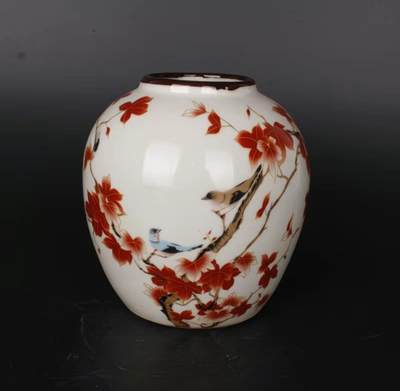 听雨轩  精品老旧瓷器限时专场 - 粉彩枫叶花鸟纹豆青釉口罐 15*6*8cm