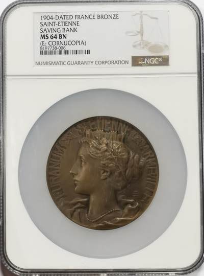 博洋堂“良辰美钰”中秋国庆双节精品专场暨第141期（全场包邮） - NGC MS64 法国1904年圣埃蒂安市储蓄银行巨大铜章，67mm，正面经典玛丽安奴高浮雕磨砂雕像，背面城市风景与女神指引财富流动经典麦朵儿风格刻画，加大加厚盒子比镇纸还要厚重！