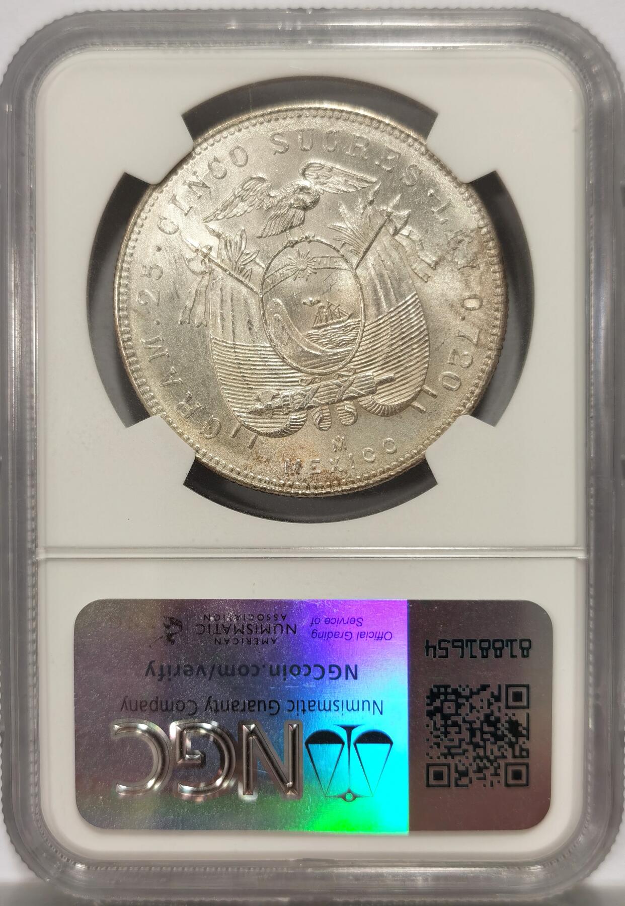 博洋堂“良辰美钰”中秋国庆双节精品专场暨第141期（全场包邮） NGC MS63 厄瓜多尔1944年5苏克雷银币，墨西哥铸造，原汁原味，币面清爽干净又漂亮，转光强烈细节优秀，状态极佳。
