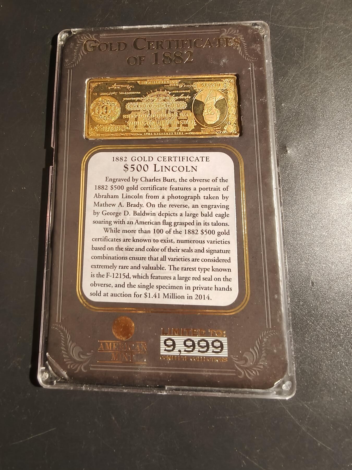 老王徽章第151期 美国1882年版500美元金币券纪念章     原盒（有损）  带证书    美国造币厂出品   带真品证书     尺寸70×28mm.   重量45.4g