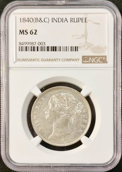 甄臻铺-世界币章拍卖（第35期），送拍享返佣金等优惠多多 - NGC-MS62 1840年英属印度维多利亚卢比