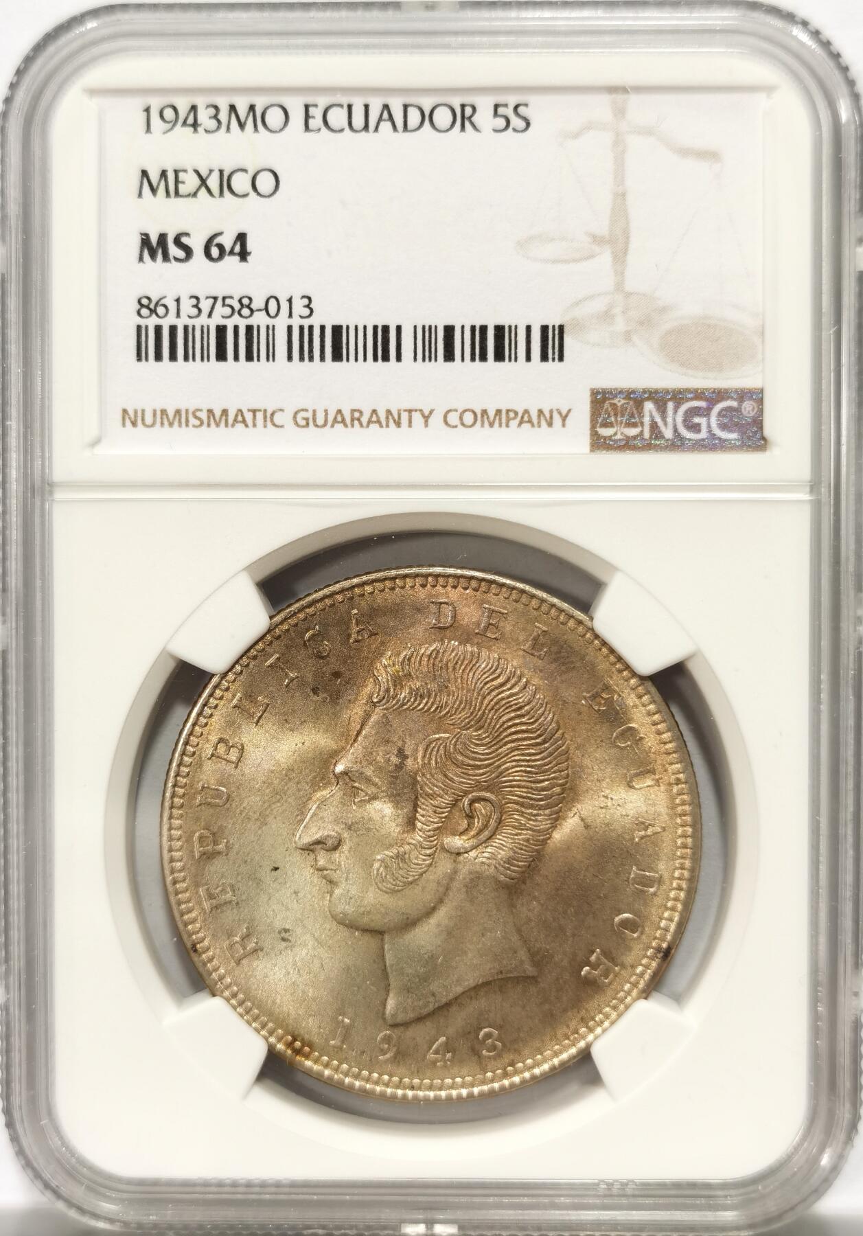 博洋堂“良辰美钰”中秋国庆双节精品专场暨第141期（全场包邮） NGC MS64 厄瓜多尔1943年5苏克雷大银币，BU原光好品，双面金彩，好状态。