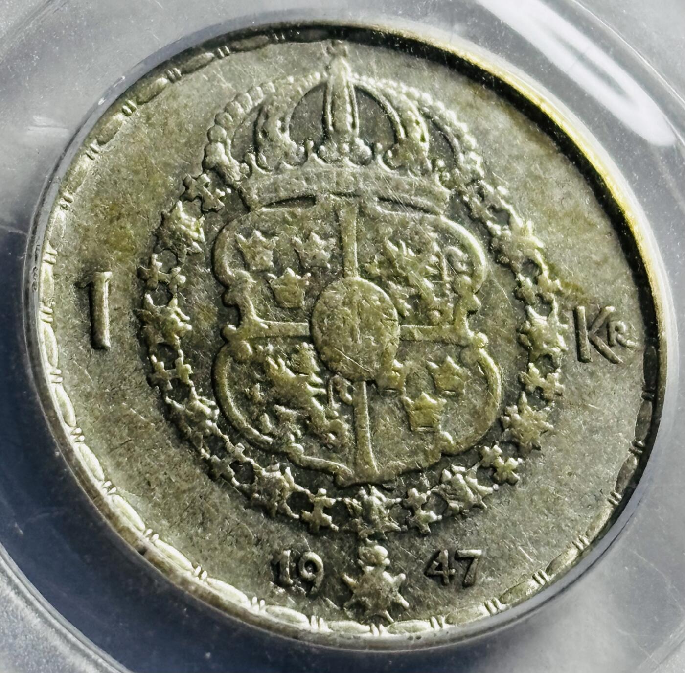 文馨钱币收藏第 273 场， 长期接收代拍品 1947 年瑞典古斯塔夫五世 1 克朗银币，公博评级 AU53 分