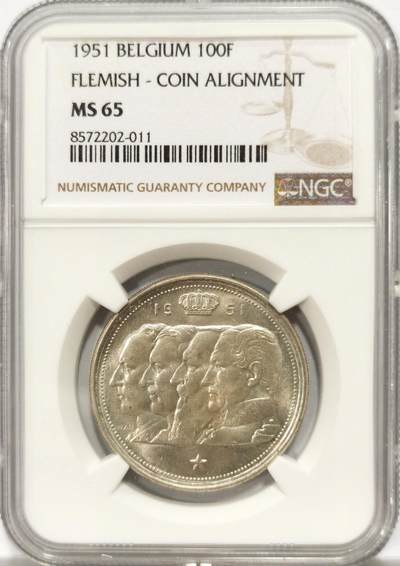 博洋堂“良辰美钰”中秋国庆双节精品专场暨第141期（全场包邮） - NGC MS65 唯一亚军 比利时1951年100法郎银币，转光强烈，流通品种，高分少见。
