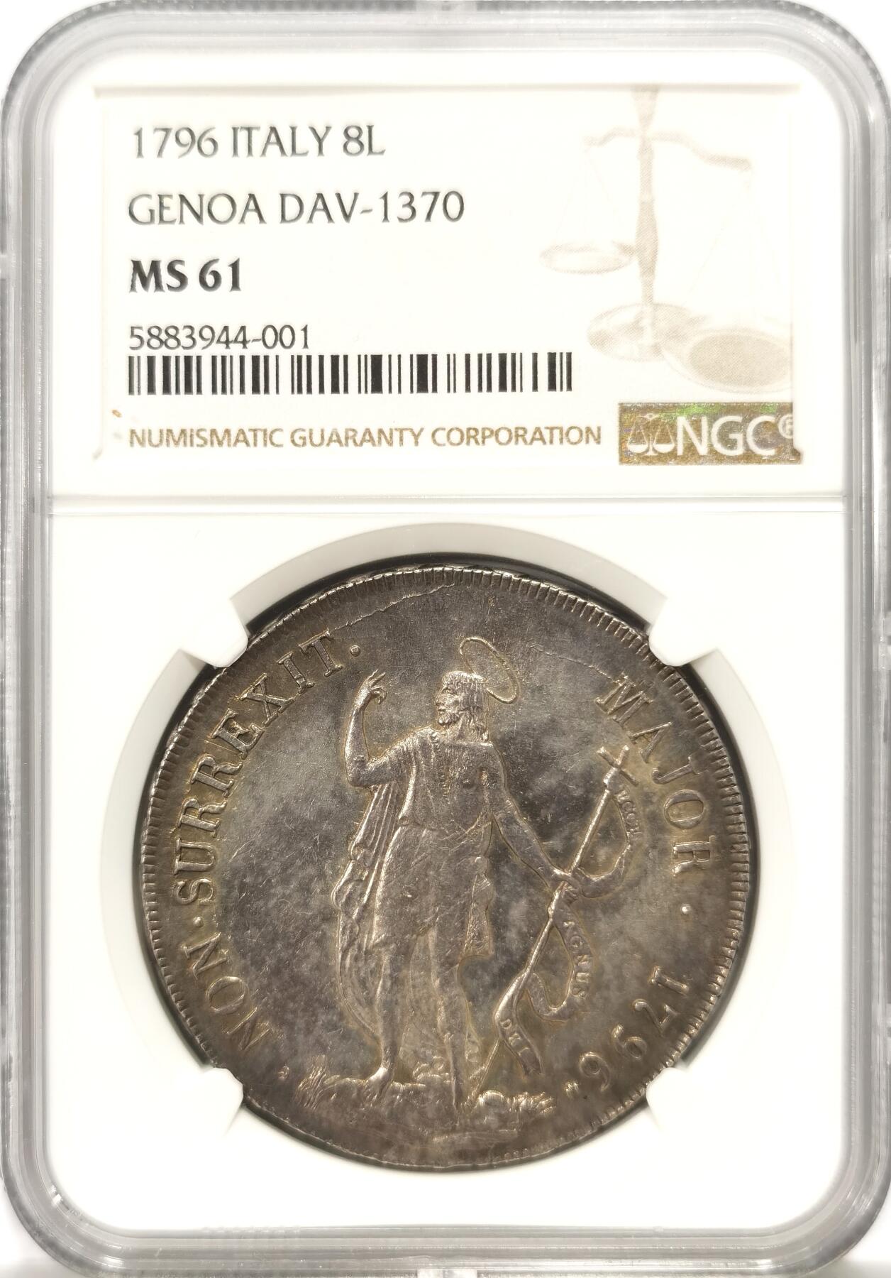 博洋堂“良辰美钰”中秋国庆双节精品专场暨第141期（全场包邮） NGC MS61 意大利1796年热那亚共和国公爵8里拉，很有宗教题材、重达33克的一枚意大利银币