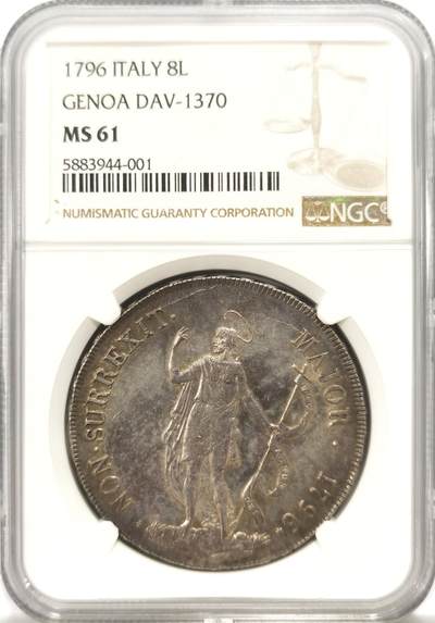 博洋堂“良辰美钰”中秋国庆双节精品专场暨第141期（全场包邮） - NGC MS61 意大利1796年热那亚共和国公爵8里拉，很有宗教题材、重达33克的一枚意大利银币