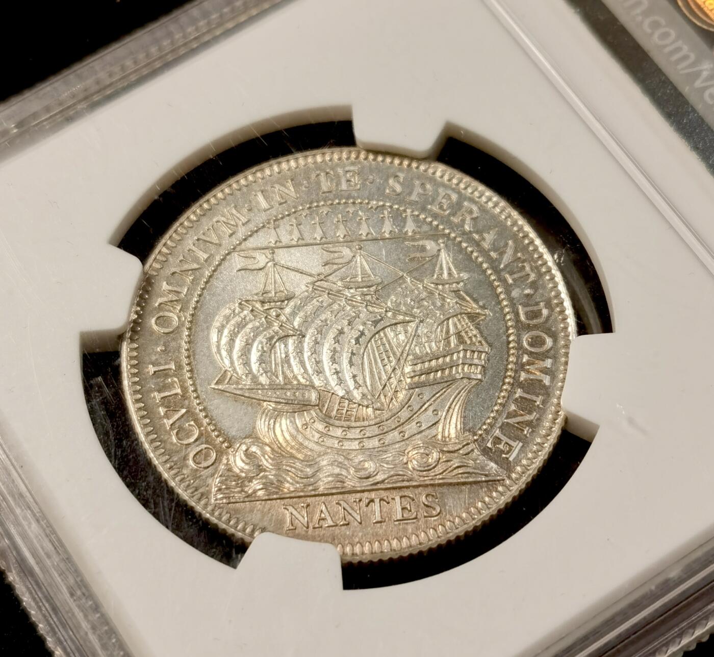 甄臻铺-世界币章拍卖（第35期），送拍享返佣金等优惠多多 NGC-MS66 法国南特商会银章，ms66顶级。1900年，傍晚，在粉金色的阳光下，一艘驶出法国南特的货船，女神为他指明方向！顶级