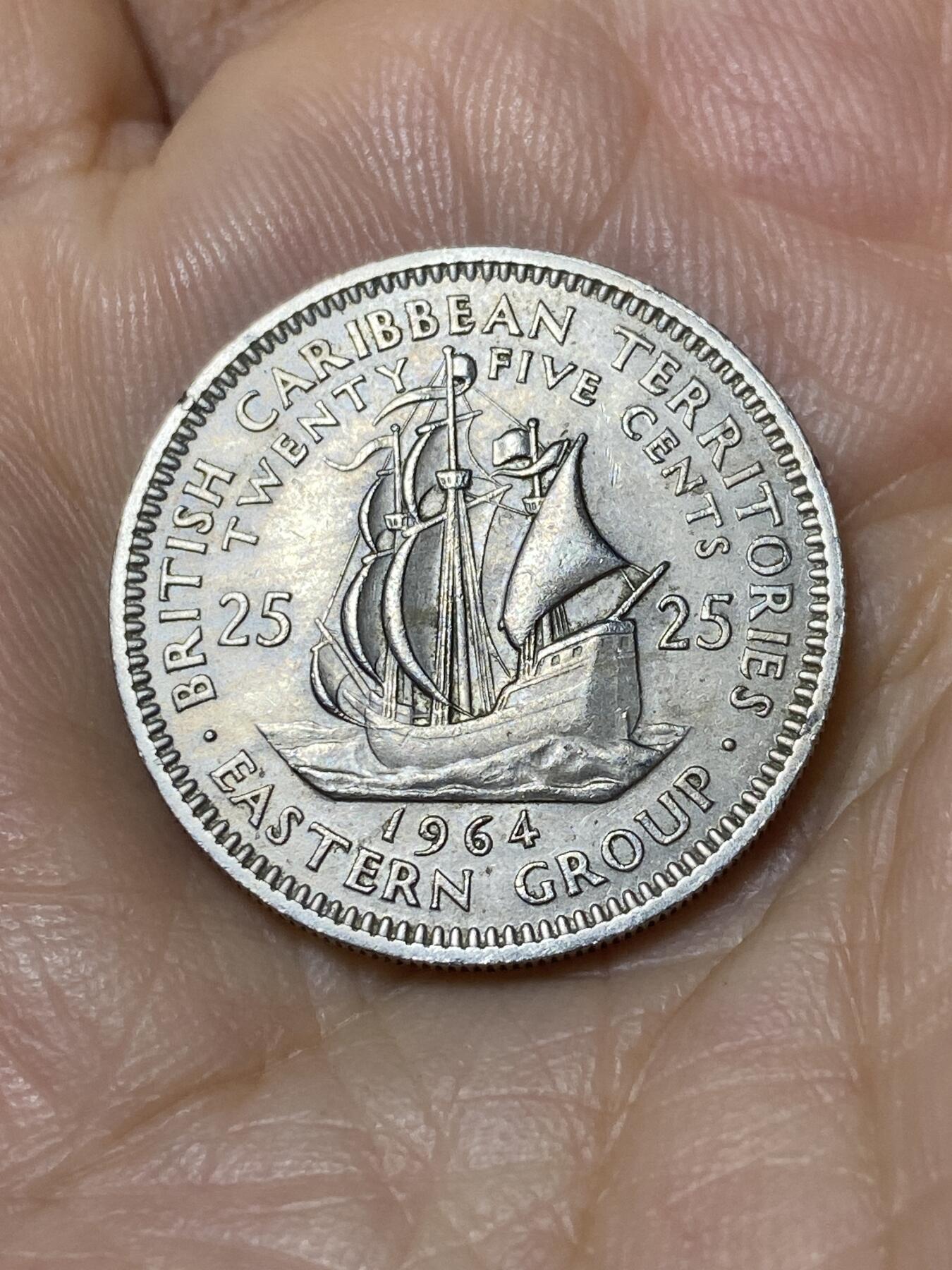 2025年第九十六场(总第一百二十二场）外国好品散币(免佣金) 英属加勒比领地1964年25分(伊丽莎白二世青年带冠)