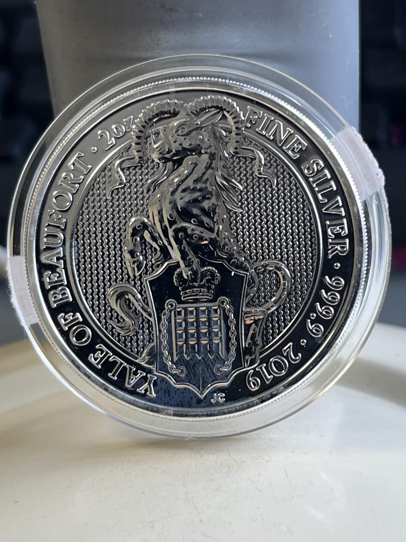 第176期拍卖【长期征集拍品】【欢度国庆中秋双节】 英国2019年女王神兽系列博福特耶鲁山羊2盎司银币，9999银，有白斑银价640