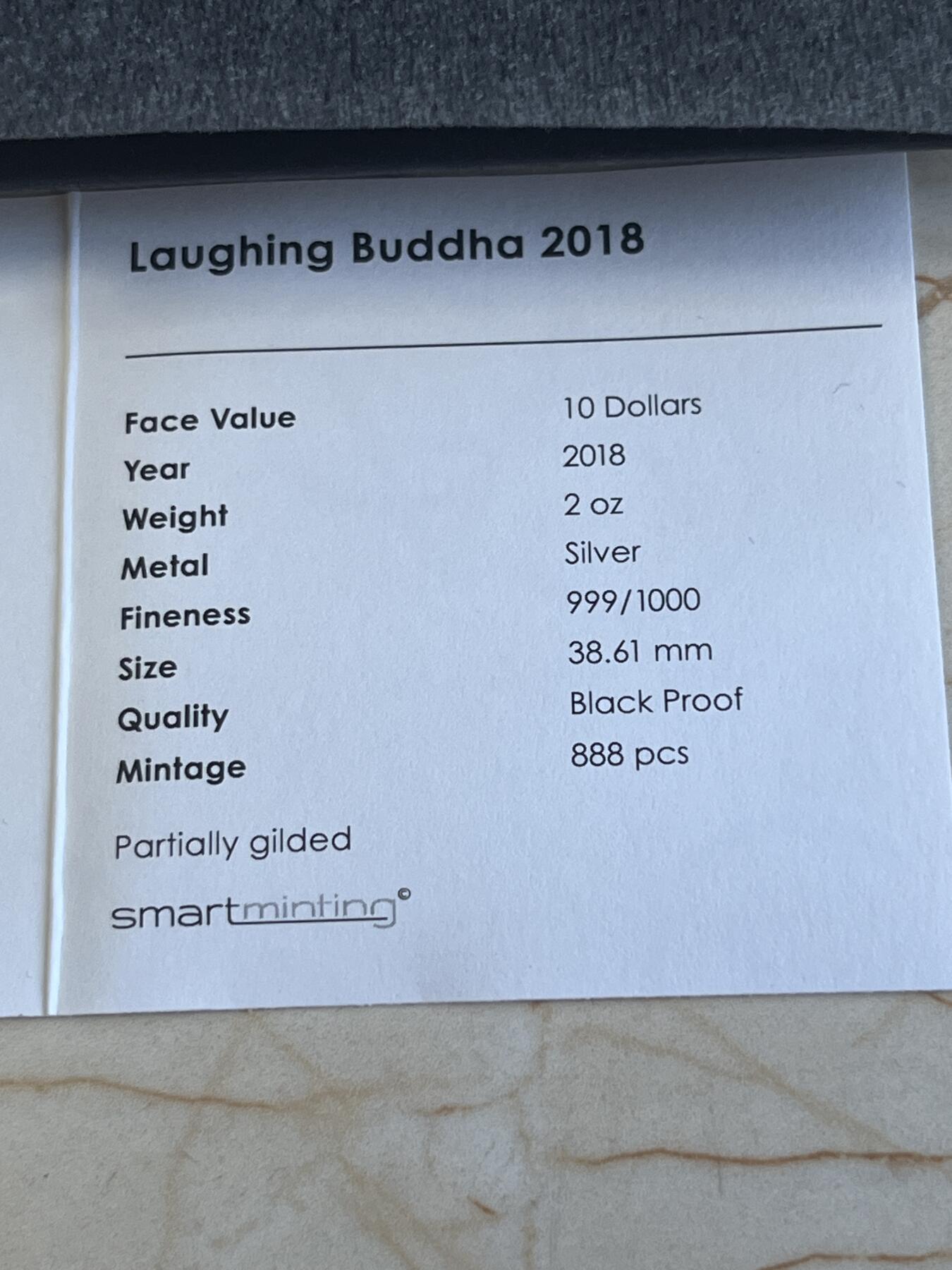第176期拍卖【长期征集拍品】【欢度国庆中秋双节】 帕劳2018年笑口常开大肚弥勒佛黑色浮雕镀金银币，2盎司，999银，发行888枚