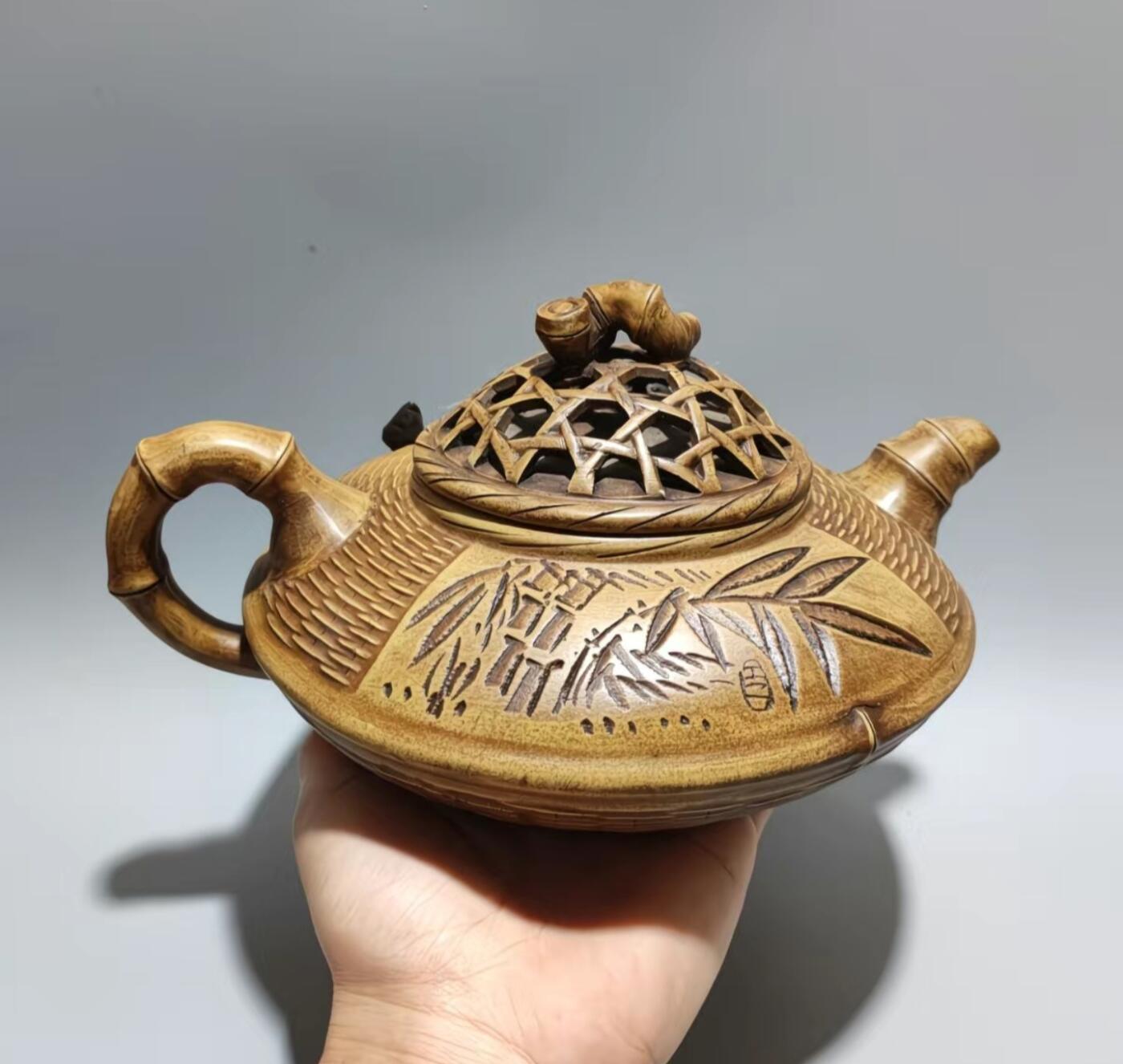 钱菊芳精品段泥蟹篓竹编手工紫砂壶
