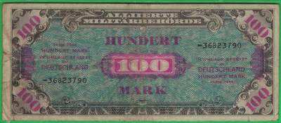 德国1944年100马克 二战盟军占领德国后发行 P-197d 8位号码无F版 无4 实物图 - 德国1944年100马克 二战盟军占领德国后发行 P-197d 8位号码无F版 无4 实物图