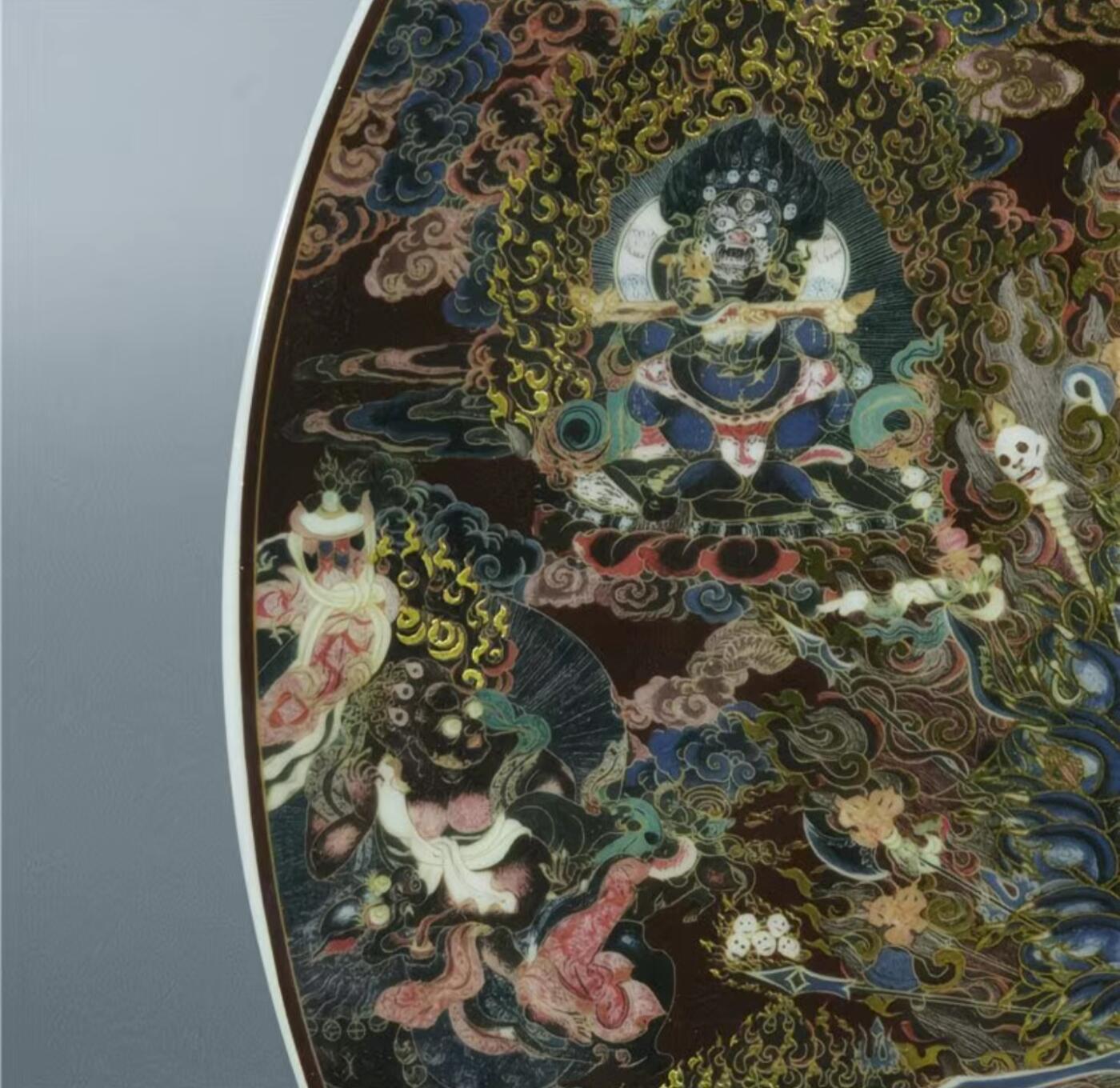 听雨轩  精品老旧瓷器限时专场 粉彩西藏唐卡金刚佛像赏盘