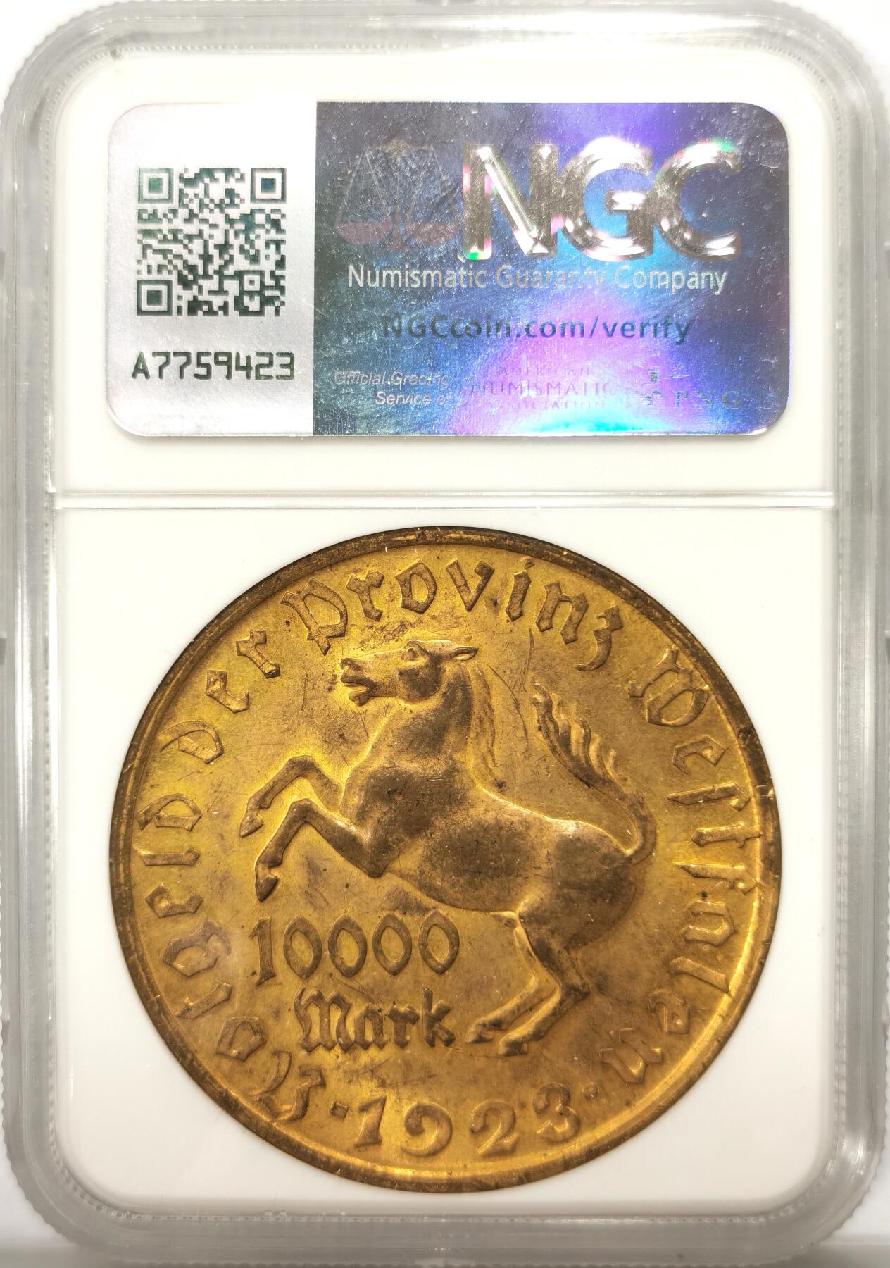 博洋堂“良辰美钰”中秋国庆双节精品专场暨第141期（全场包邮） NGC AU58 德国1923年威斯特法伦10000马克大铜币，金水足，转光好品。