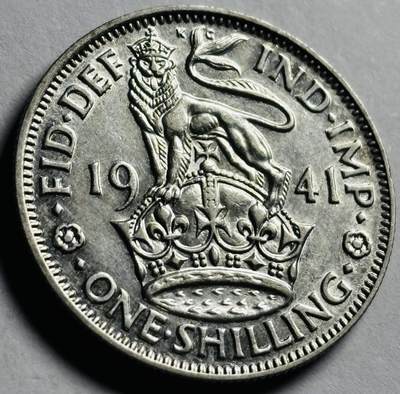 文馨钱币收藏第 273 场， 长期接收代拍品 - 极美炫光 1941 年英国乔治六世 1 先令银币，英格兰狮子皇冠第一版 500 银