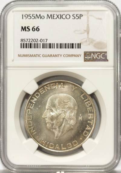 博洋堂“良辰美钰”中秋国庆双节精品专场暨第141期（全场包邮） - NGC MS66 墨西哥1955年5比索银币，顶级高分，币面凝霜感十足，一步到位的好品质。