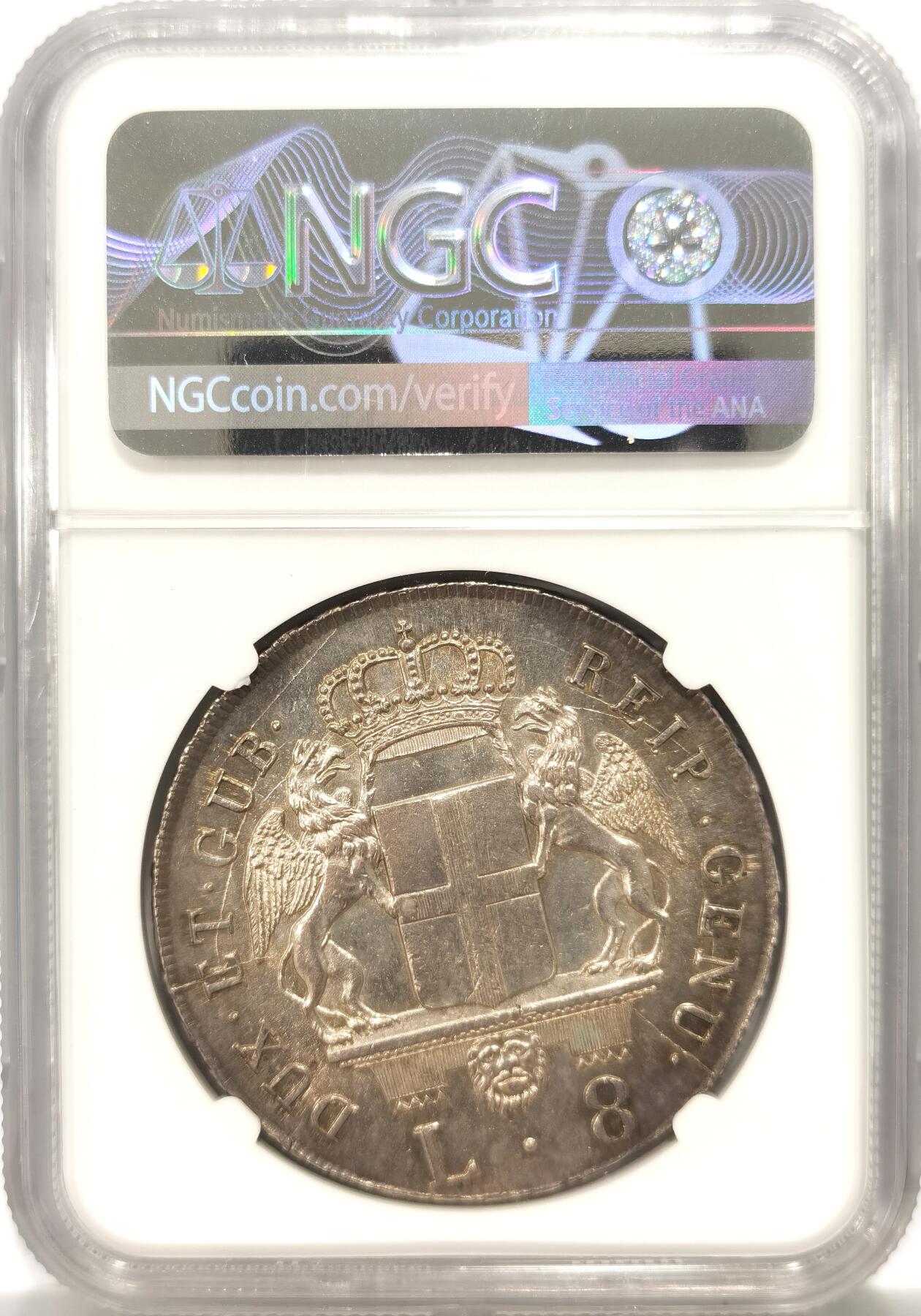 博洋堂“良辰美钰”中秋国庆双节精品专场暨第141期（全场包邮） NGC MS61 意大利1796年热那亚共和国公爵8里拉，很有宗教题材、重达33克的一枚意大利银币