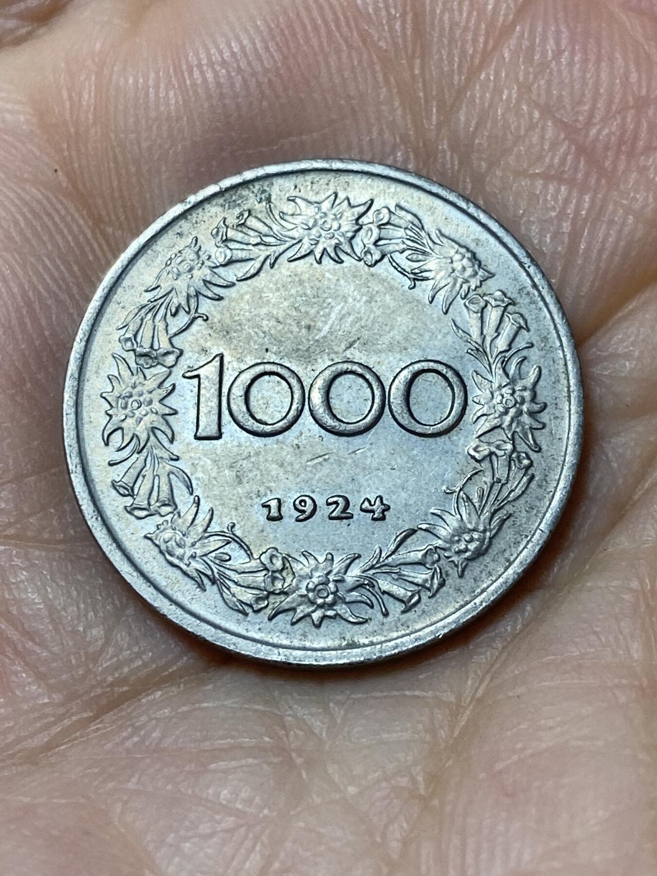 2025年第九十六场(总第一百二十二场）外国好品散币(免佣金) 奥地利🇦🇹1924单年份1000(二战前共和国时期第一套，最大面值)