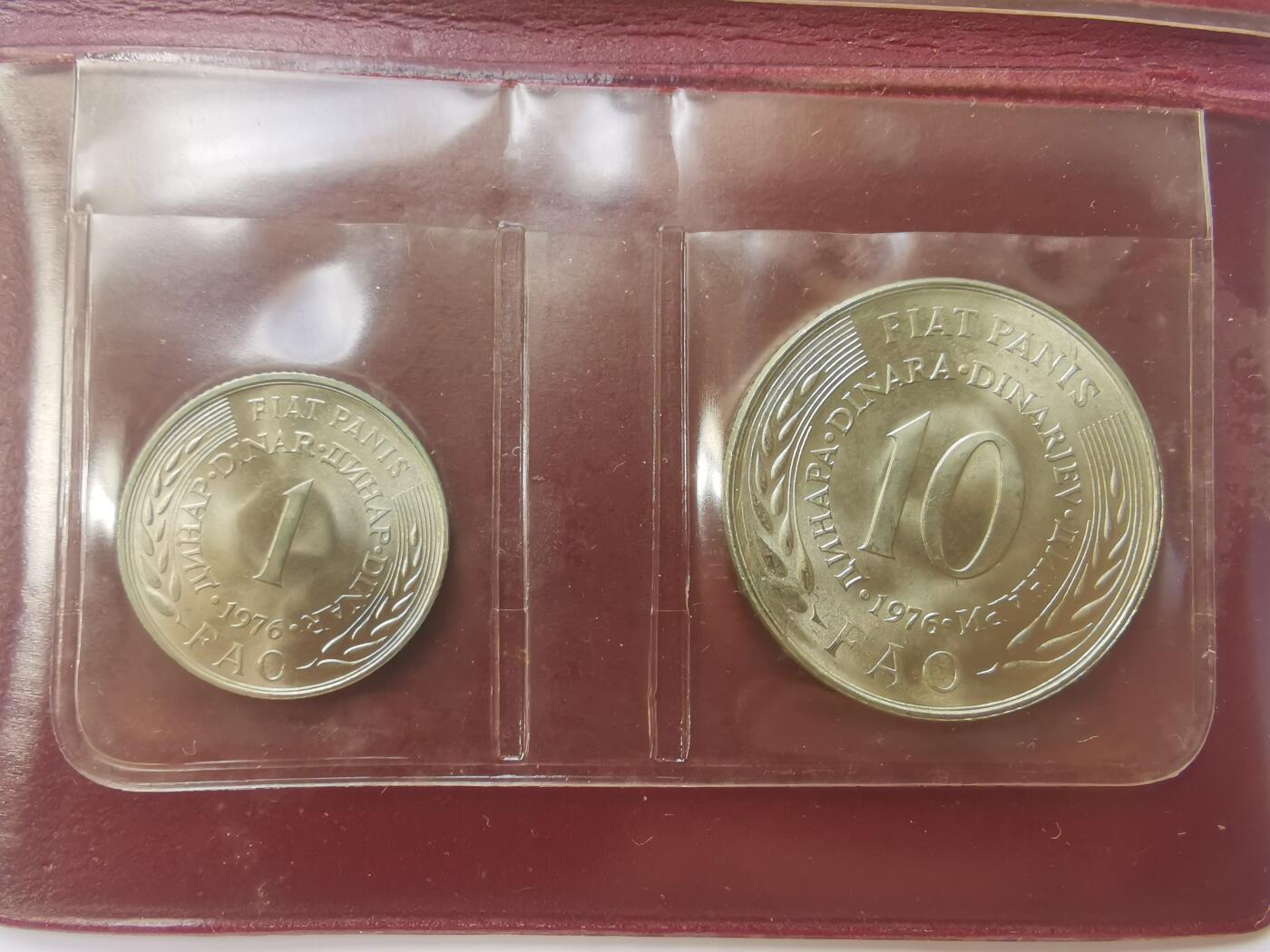 巨藏钱币首秀-古今中外钱币套装专场 南斯拉夫1976年1和100第纳尔镍币-FAO粮农组织纪念币2枚套带套子