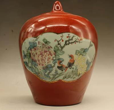听雨轩  精品老旧瓷器限时专场 - 居仁堂红釉花鸟盖罐 