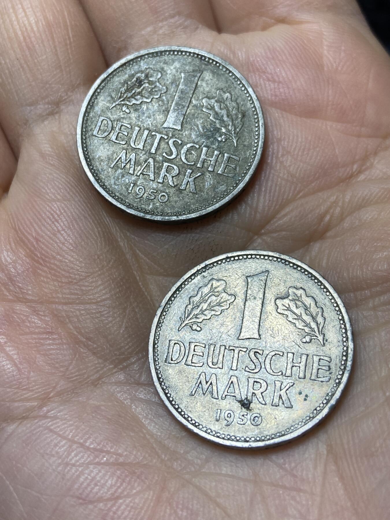 2025年第九十六场(总第一百二十二场）外国好品散币(免佣金) 德国🇩🇪2枚：1950年1德国马克(首发年，F标，斯图加特造)