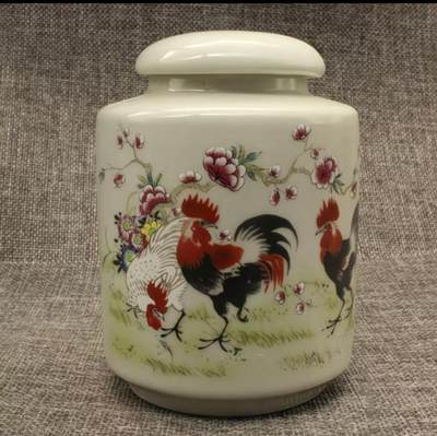 听雨轩  精品老旧瓷器限时专场 - 粉彩鸡公图案小茶叶罐 高约10cm