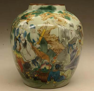 听雨轩  精品老旧瓷器限时专场 - 粉彩八仙乐紫边坛  高约15cm