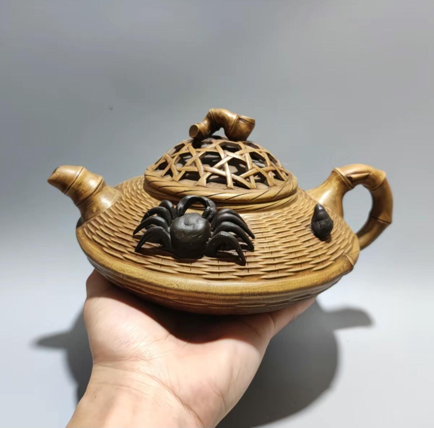  精品紫砂壶专场 钱菊芳大师落款 段泥蟹篓竹编手工紫砂壶