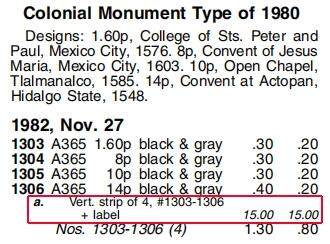 洪涛臻品批发群 精选邮票限时拍卖第1119期  墨西哥1982 殖民地纪念碑 红数字边+色标+十字线联票 全品!【2017标价$15美元】