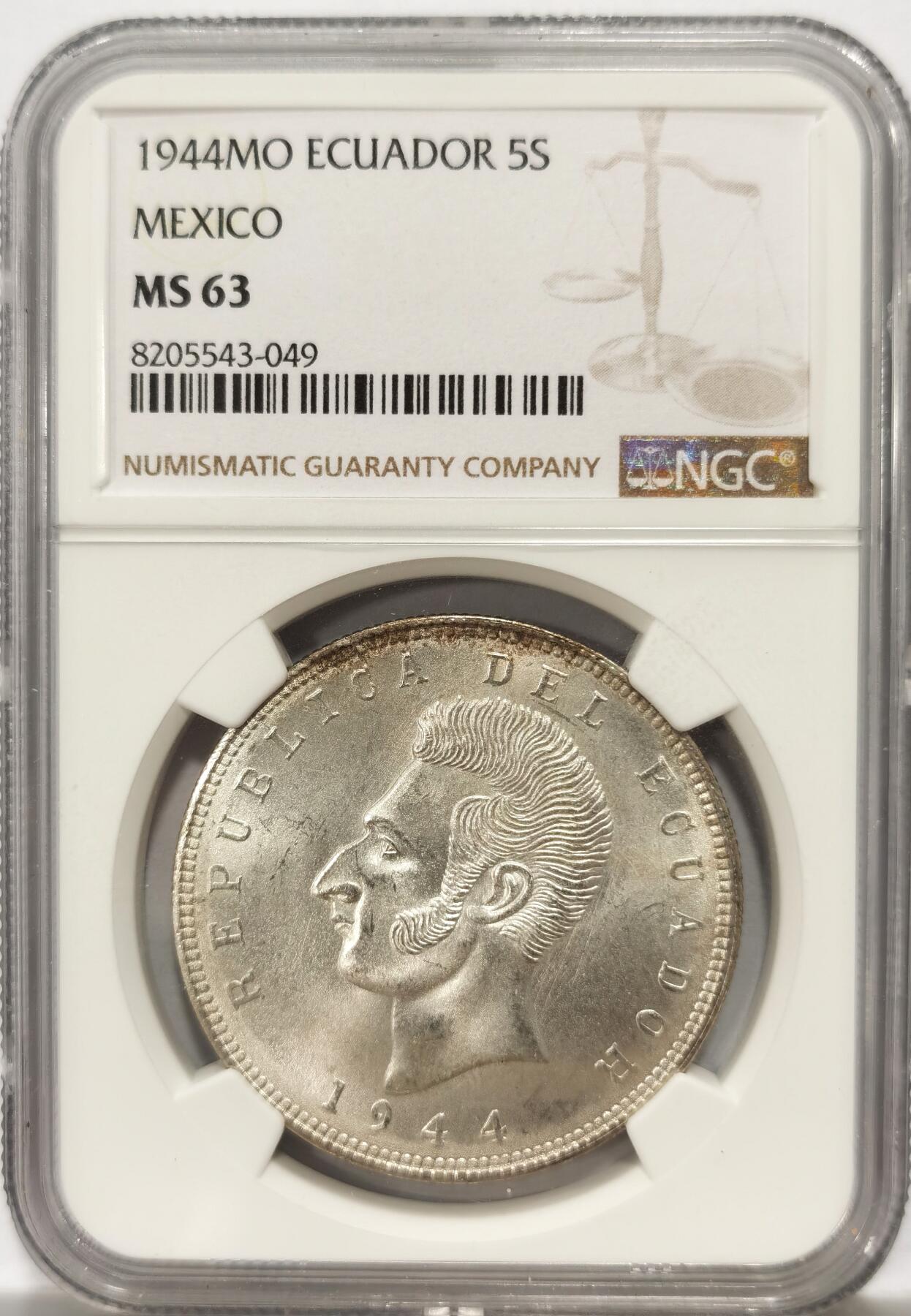 博洋堂“良辰美钰”中秋国庆双节精品专场暨第141期（全场包邮） NGC MS63 厄瓜多尔1944年5苏克雷银币，墨西哥铸造，原汁原味，币面清爽干净又漂亮，转光强烈细节优秀，状态极佳。