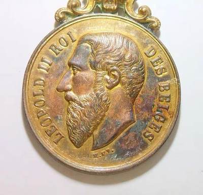 比利时1893年 利奥波德二世高浮雕精制带皇冠大镀金章 50MM - 比利时1893年 利奥波德二世高浮雕精制带皇冠大镀金章 50MM