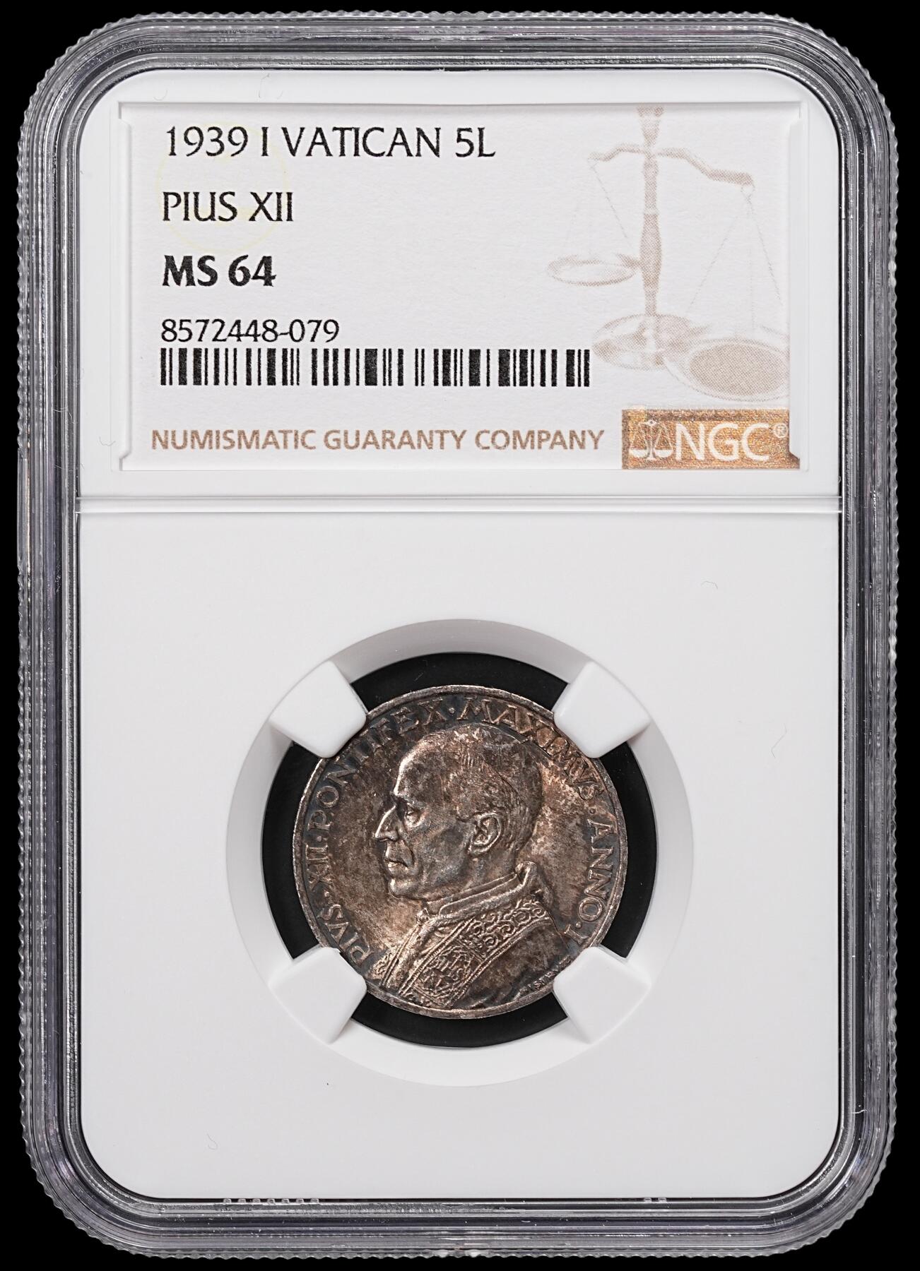 修遠堂世界钱币第八十六期 NGC MS64 1939年梵蒂冈5里拉银币