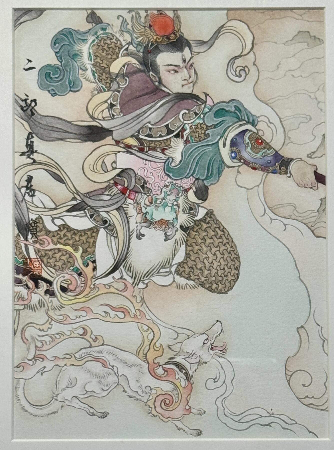白泽拍卖卡牌手绘专场第25期 2024 李广手绘画 小圣战大圣 已装裱 尺寸：外框 38cm*28cm，内框 13cm*18.5cm*2