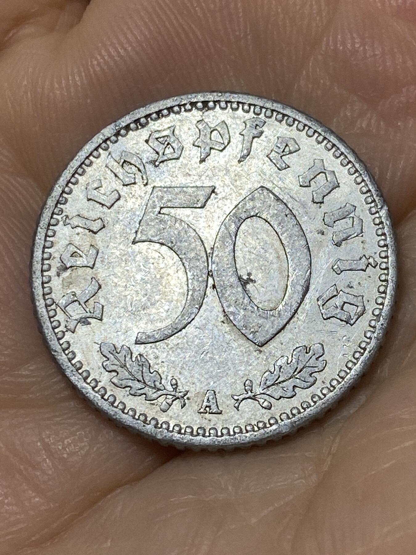2025年第九十七场(总第一百二十三场）外国好品散币(免佣金) 少见–德意志第三帝国1935单年份50芬尼(第一版，A标，柏林造)