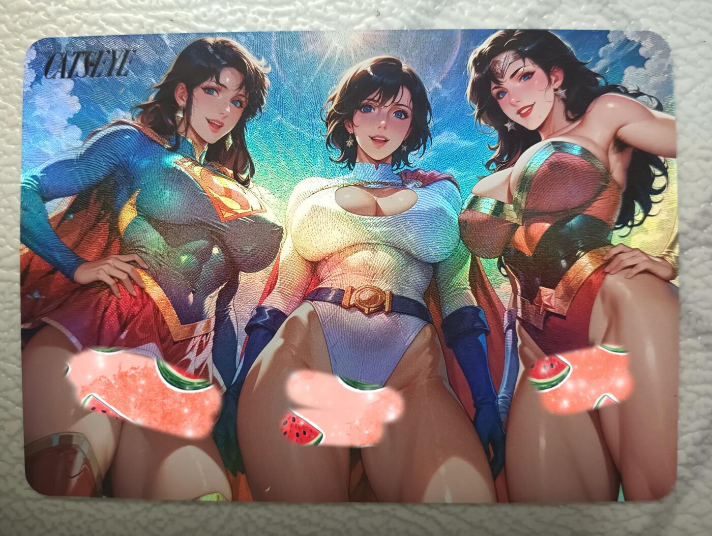 花开卡拍第40期（9月28号周日截拍，品控勿拍!!!拍品不寄存，运费5元，自制卡难免瑕疵，可能存在轻微撞角爆边等出厂瑕疵，品控介意勿拍！） 猫眼三姐妹cos美漫女英雄 折光彩闪
