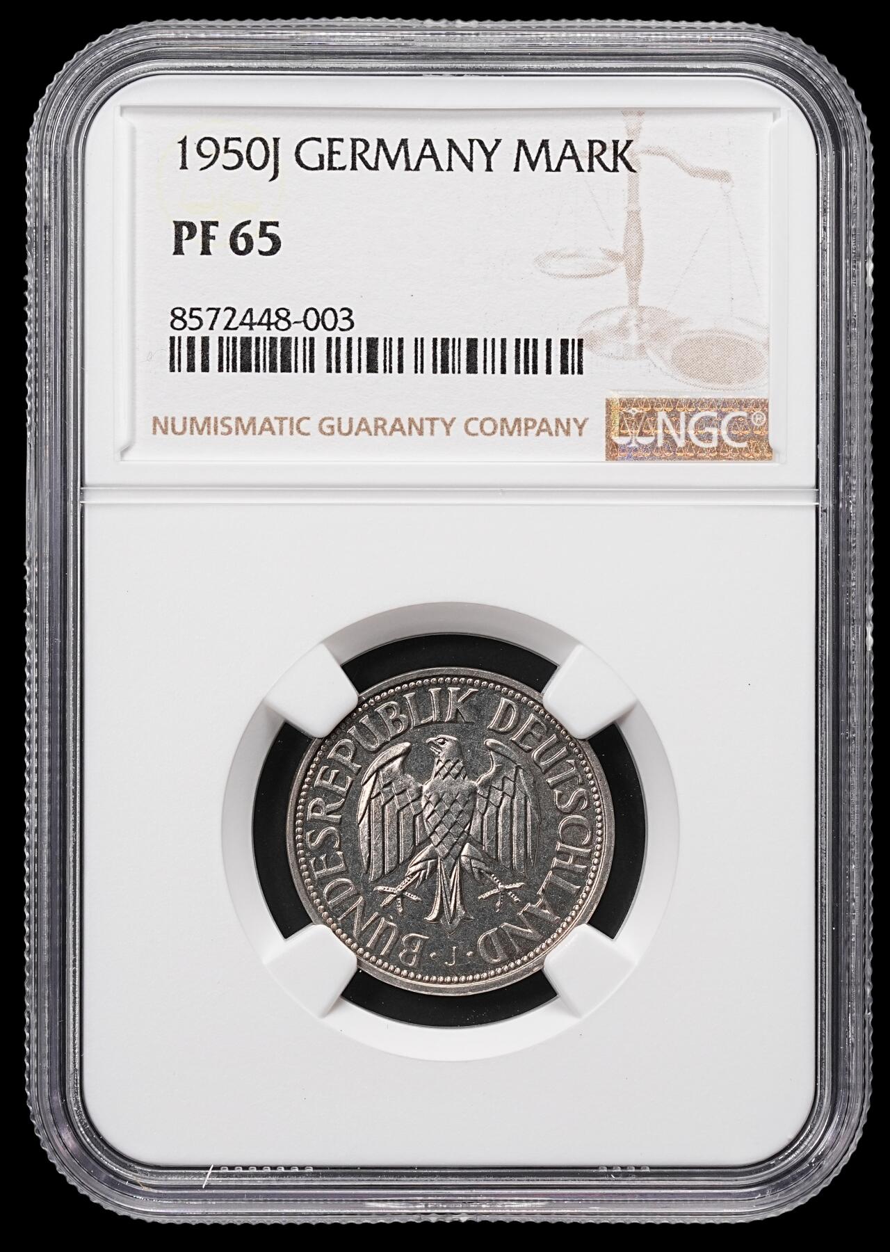 修遠堂世界钱币第八十六期 NGC PF65 1950年德国1马克精制币 J厂铭 少见精制版 书价PF63品200美金