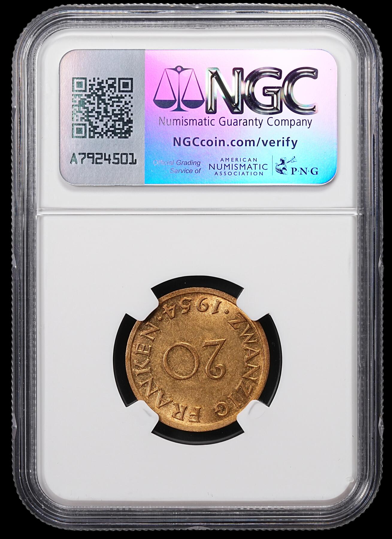 修遠堂世界钱币第八十六期 NGC MS64 1954年法占德国萨尔州20法郎