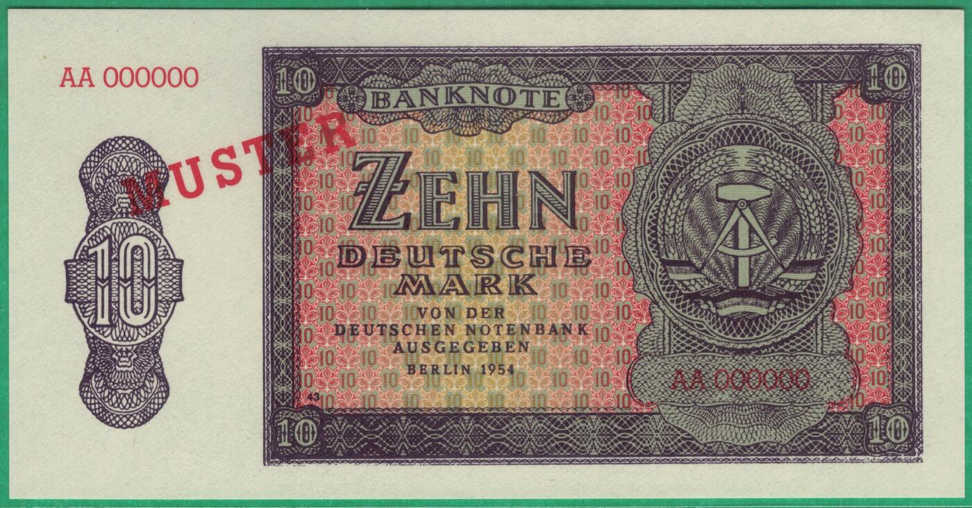 德国(东德 民主德国)1954年10马克 样钞(票样 样票) AA冠全0号 实物图 UNC