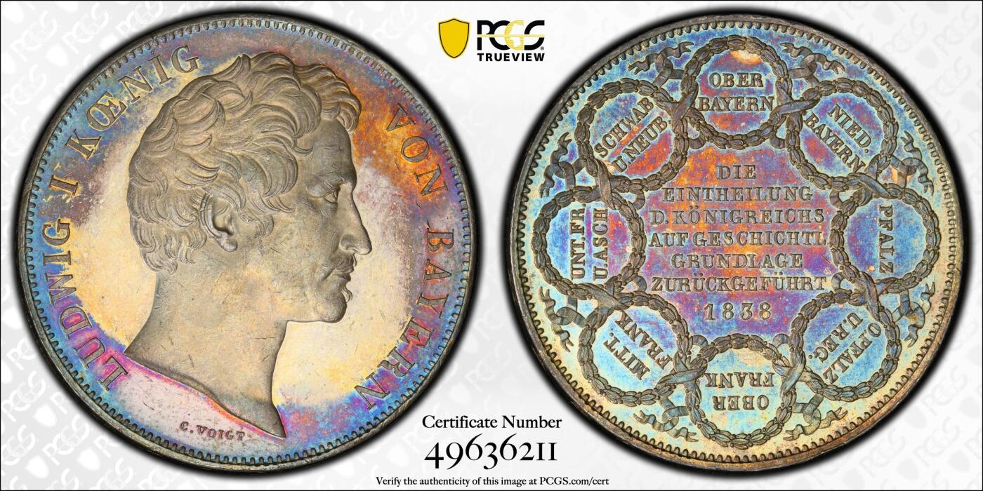 博洋堂“良辰美钰”中秋国庆双节精品专场暨第141期（全场包邮） PCGS UNC 德国巴伐利亚1838年路德维希一世行政区域重新划分2泰勒大银币，巴伐利亚历史泰勒系列，环绕背面的八个月桂花环中的文字是新划分的八个行政区域的名称，无敌蓝紫彩，强烈镜面效果，值得拥有！