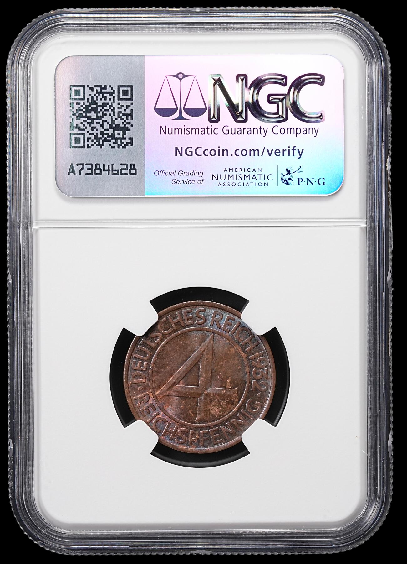 修遠堂世界钱币第八十六期 NGC MS63BN 1932年德国4芬尼 A厂铭