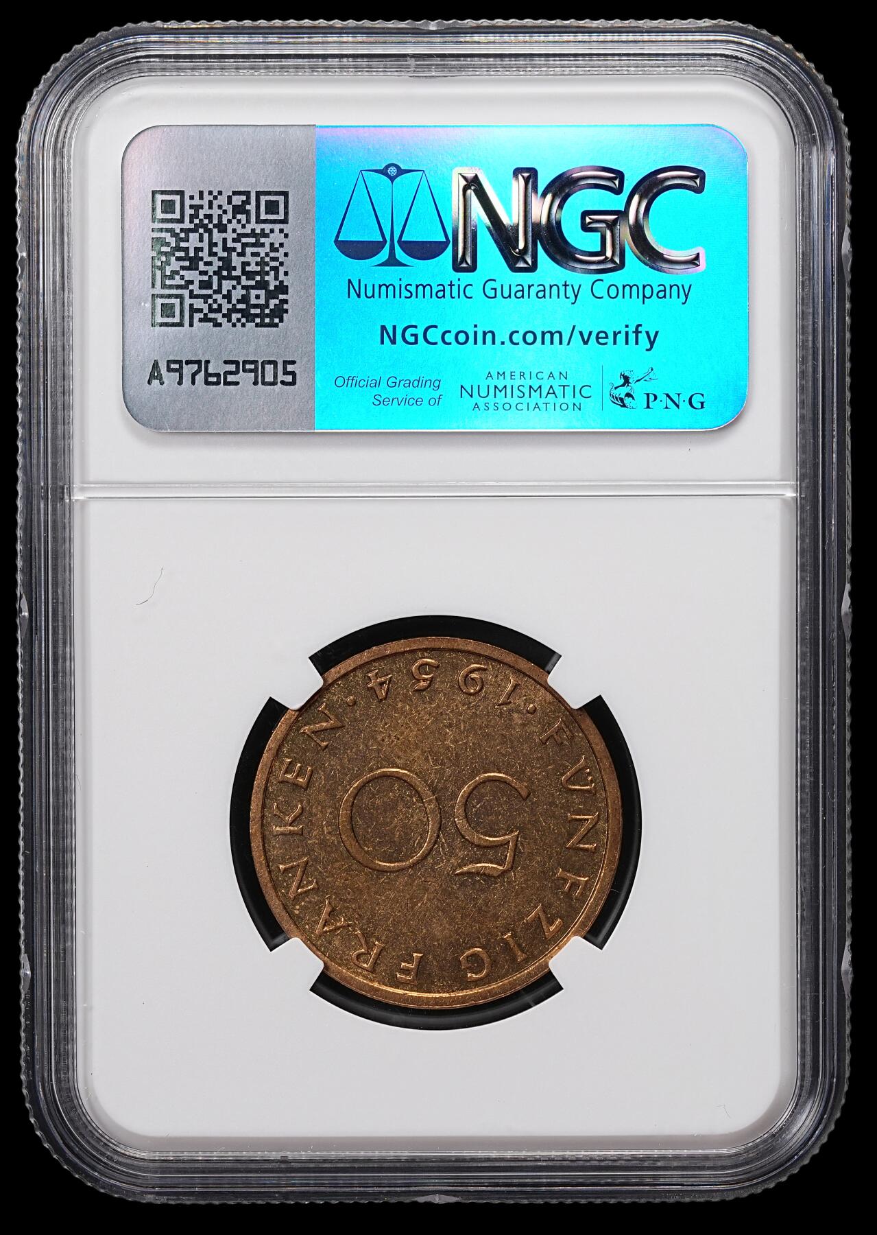 修遠堂世界钱币第八十六期 NGC MS64 1954年法占德国萨尔州50法郎