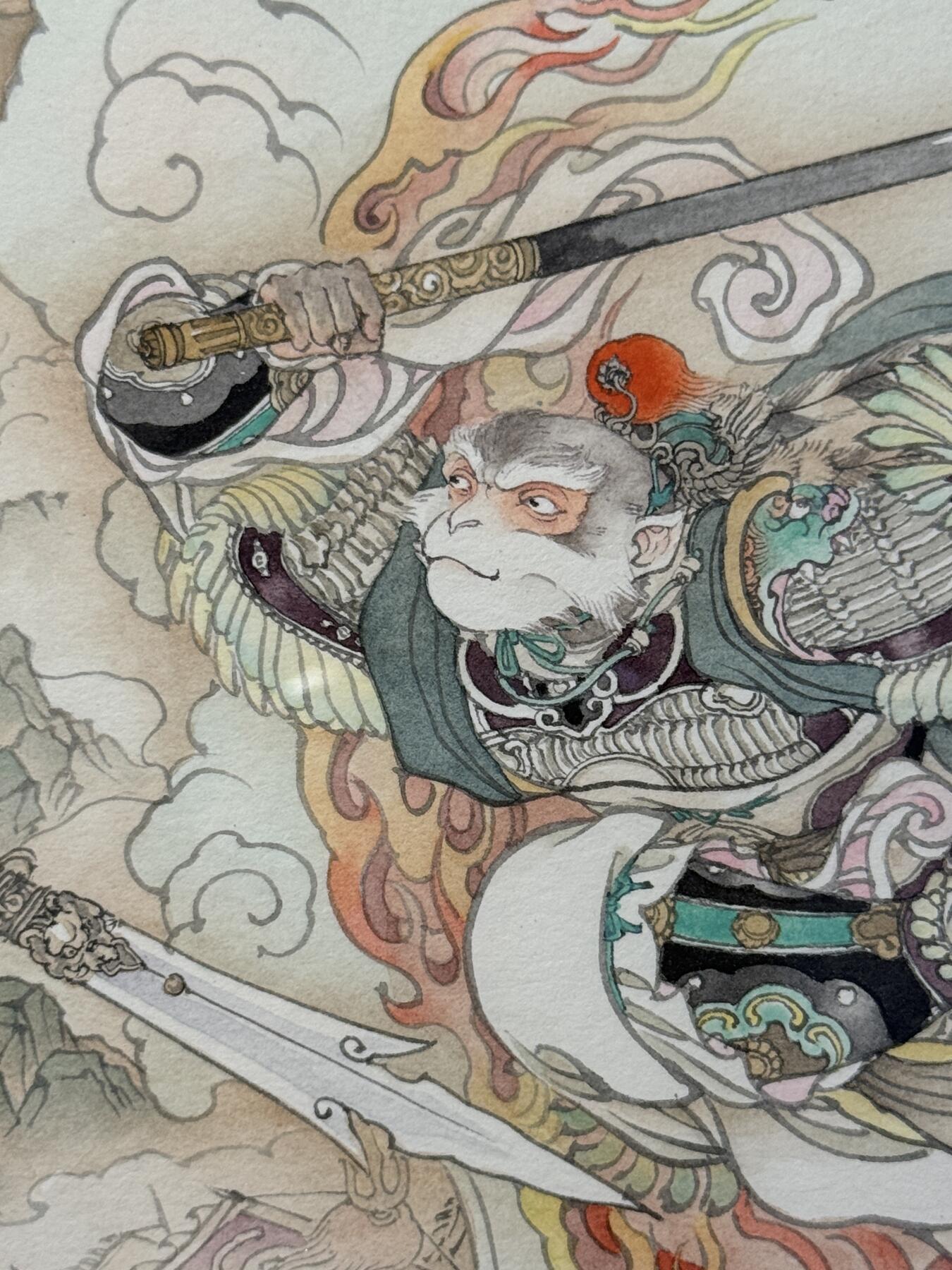 白泽拍卖卡牌手绘专场第25期 2024 李广手绘画 小圣战大圣 已装裱 尺寸：外框 38cm*28cm，内框 13cm*18.5cm*2